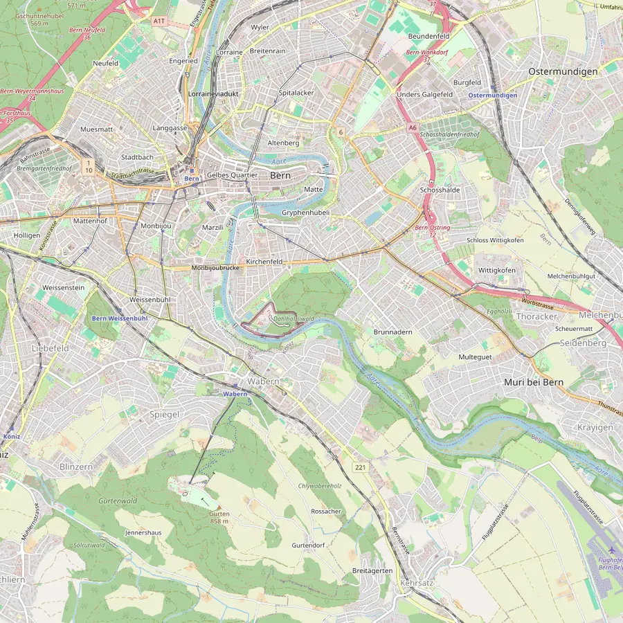 Map of Bern with the Old Town in the loop of the Aare, the Marzili, the Gurten to the south and the Zentrum Paul Klee to the east