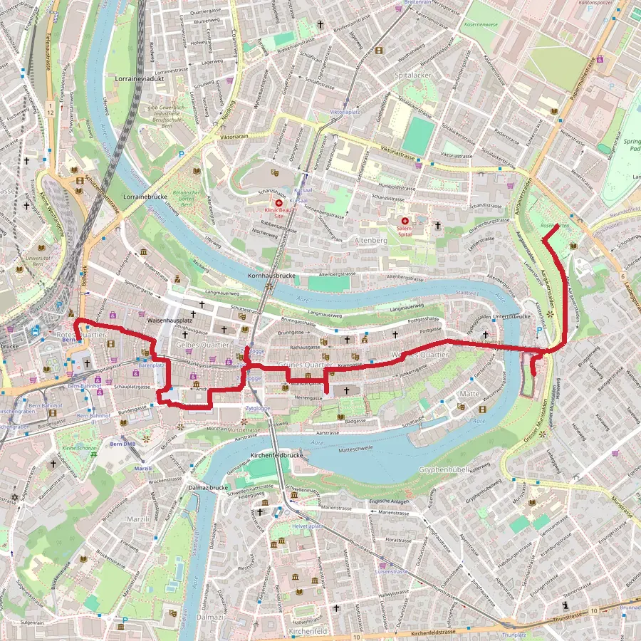 Street map of Bern's Old Town with a red walking line from the station past the Käfigturm, the Federal Palace, the Zytglogge and the Minster to the Nydegg bridge, the bear park and the Rosengarten